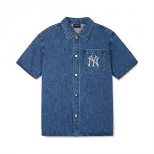 MLB Basic Mega Logo Denim T Shirts Blue | Australia_MLB68431