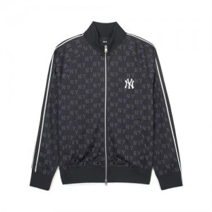 MLB Classic Monogram Jersey Jaquard Stand Neck Zip Up Hoodie Black | Australia_MLB59020