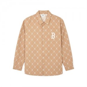 MLB Dia Monogram Jqd Long Sleeve Cotton Button Shirts Beige | Australia_MLB31002