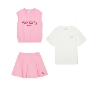 MLB Varsity 3pcs Vest Set Up For Girls Tops Pink | Australia_MLB96866