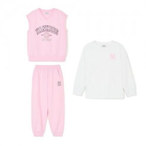 MLB Varsity 3pcs Vest&long Sleeve Set Up Tops Pink | Australia_MLB47896