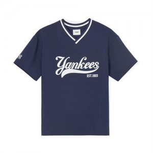 MLB Varsity Woven V-neck T-shirt Tops Navy | Australia_MLB48453