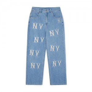 MLB Women`s Basic Multi Mega Logo Embroidery Wide Pants Denim Blue | Australia_MLB92459