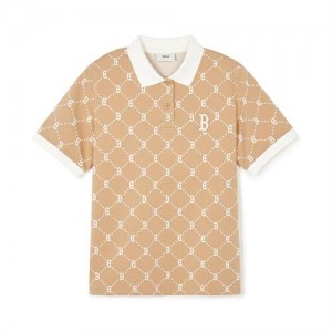 MLB Women`s Dia Monogram Jacquard Polo T Shirts Beige | Australia_MLB16739