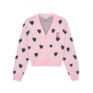 MLB Women`s Heart All Over Pattern Crop Cardigan Sweaters Pink | Australia_MLB75320