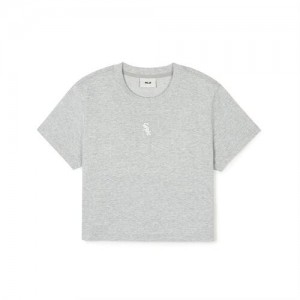 MLB Womens`s Basic Small Logo Crop T Shirts Grey | Australia_MLB28029