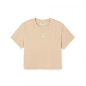 MLB Womens`s Basic Small Logo Crop T Shirts Beige | Australia_MLB42096