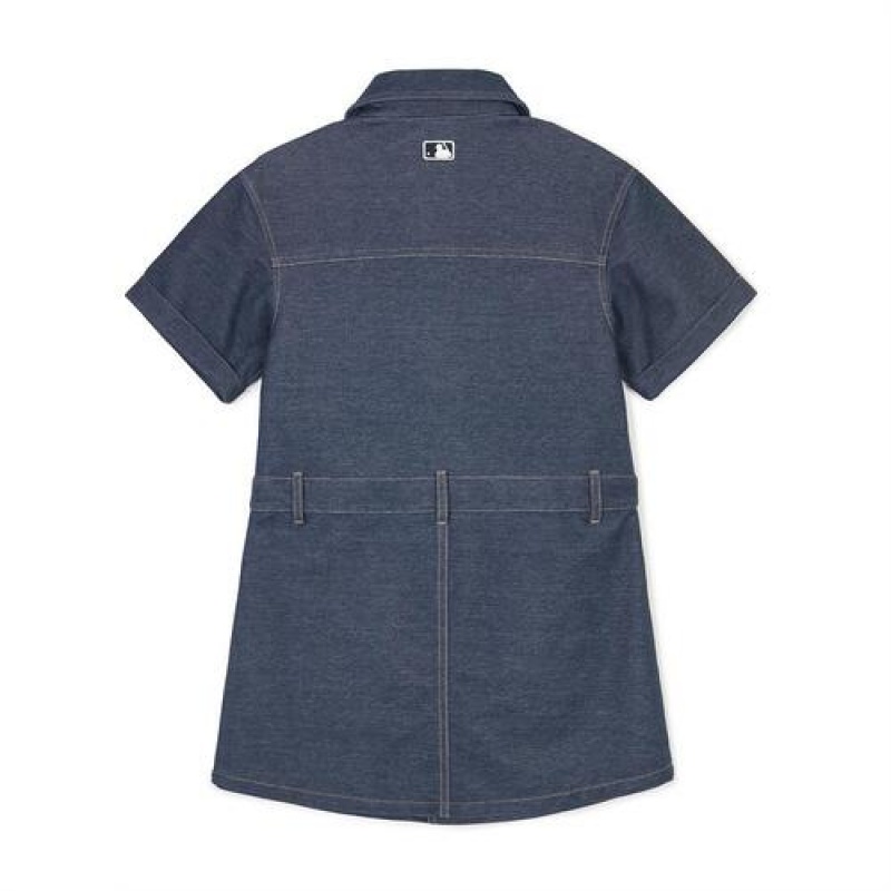 MLB Basic Denim Shirt Dress Tops Dark Grey | Australia_MLB86806