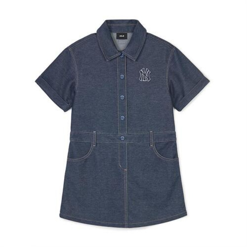 MLB Basic Denim Shirt Dress Tops Dark Grey | Australia_MLB86806