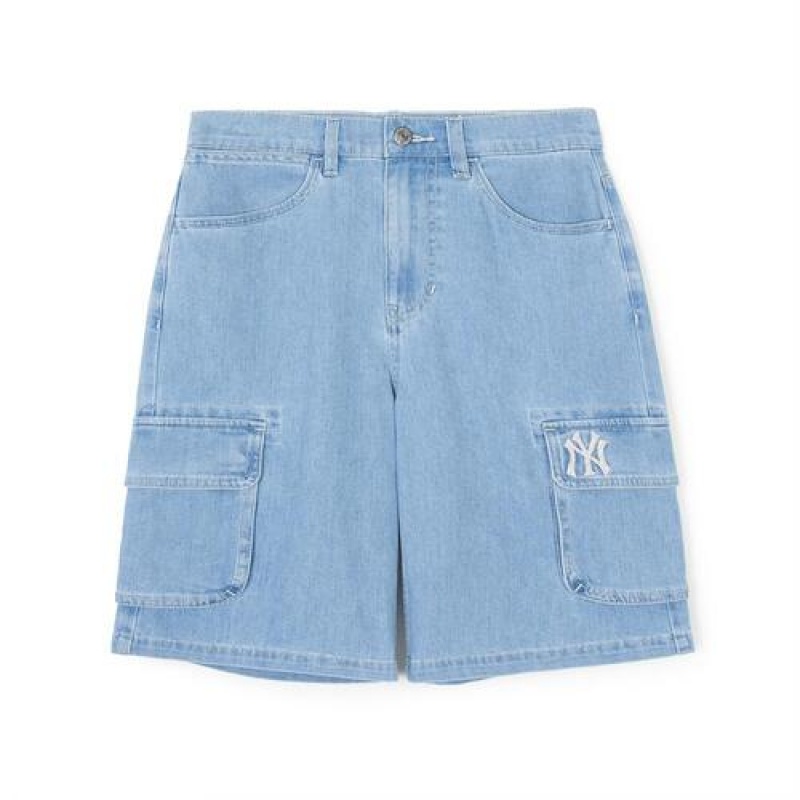 MLB Basic Medium Logo Cargo Denim Shorts Bottoms Blue | Australia_MLB73694