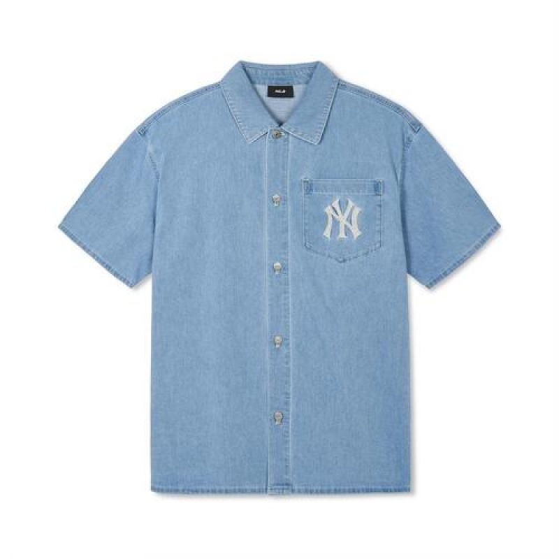 MLB Basic Medium Logo Denim T Shirts Blue | Australia_MLB89388