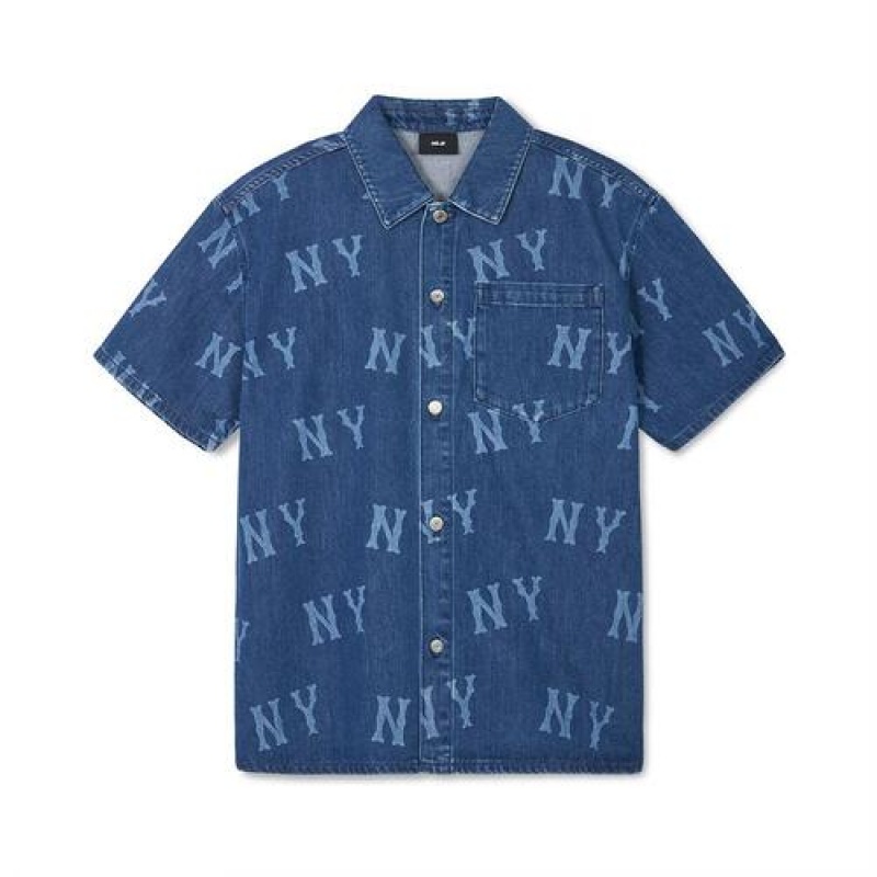 MLB Basic Multi Mega Logo Printed Denim Shirts Blue | Australia_MLB23343