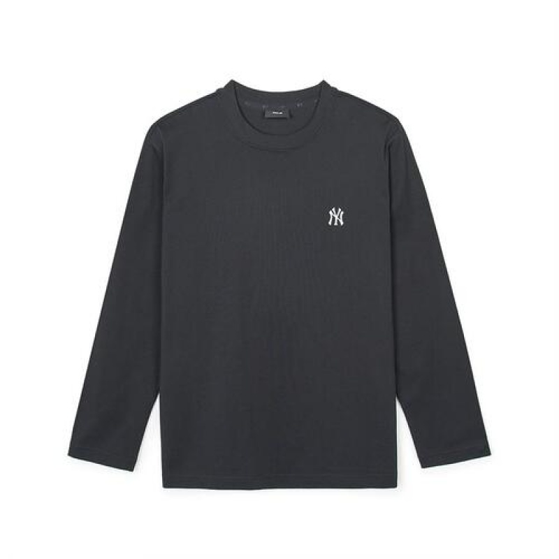 MLB Basic Small Logo Loose Fit Long Sleeve T Shirts Black | Australia_MLB45114