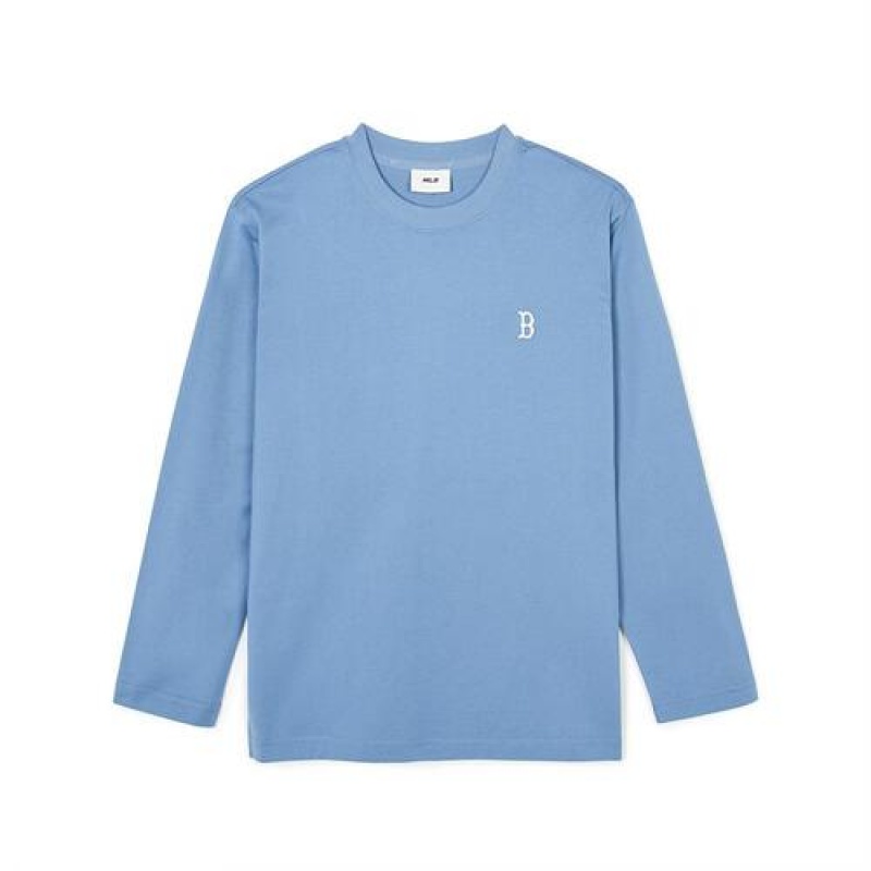 MLB Basic Small Logo Loose Fit Long Sleeve T Shirts Blue | Australia_MLB21818