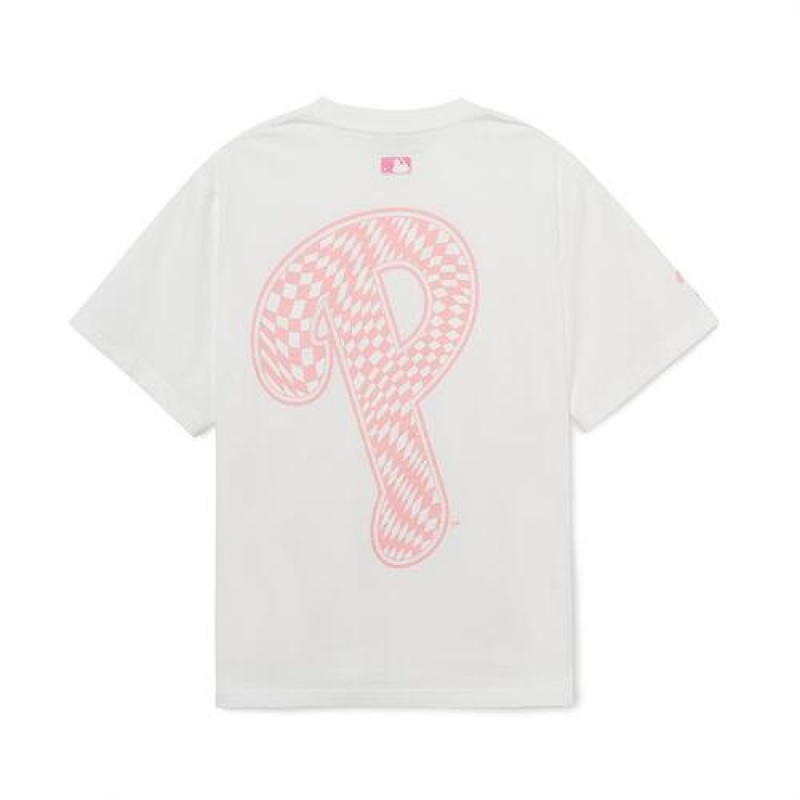 MLB Checkerboard Cliping Logo Overfit T Shirts White | Australia_MLB23095