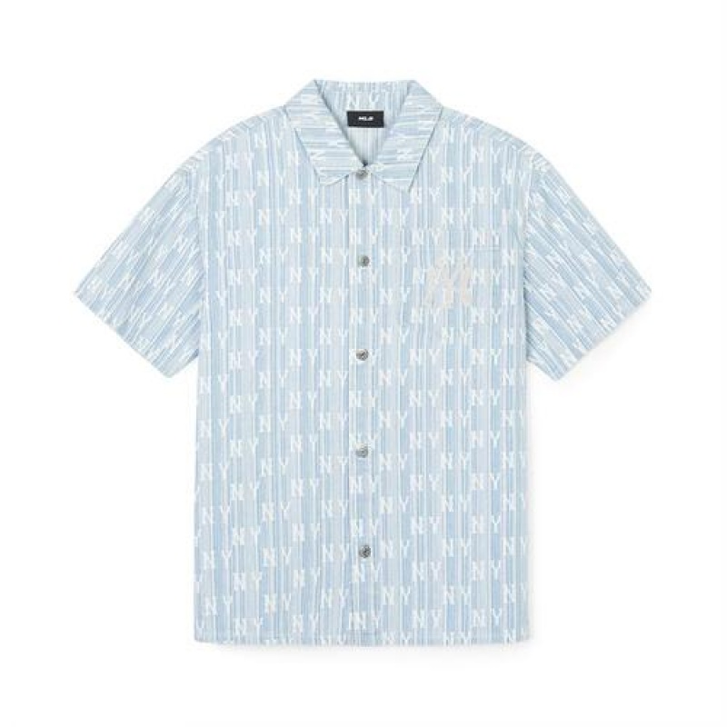 MLB Classic Monogram All Over Stripe Denim Short Sleeve Shirts Blue | Australia_MLB80268