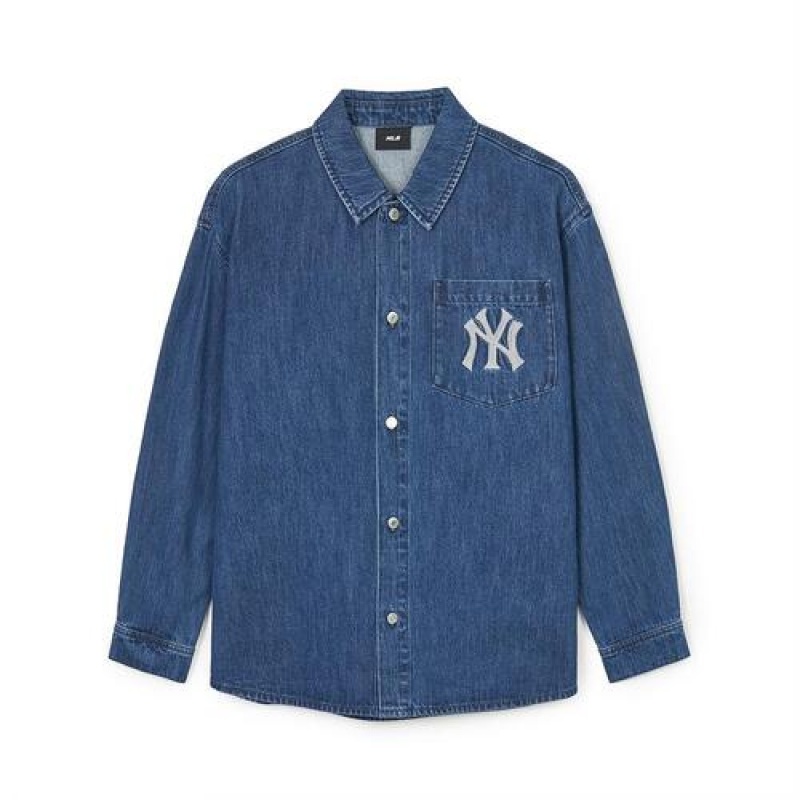 MLB Classic Monogram Big Lux Denim Shirts Blue | Australia_MLB68761