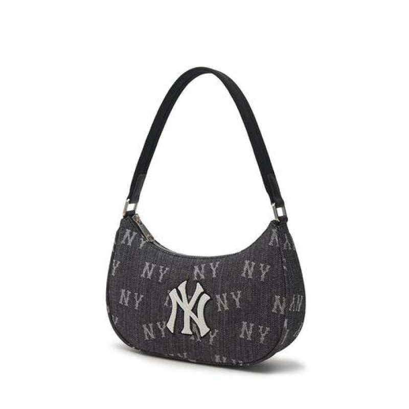 MLB Classic Monogram Denim Hobo Bags Black | Australia_MLB80938