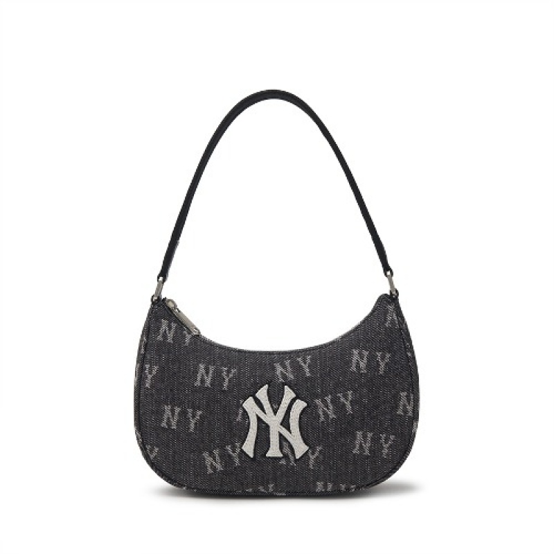 MLB Classic Monogram Denim Hobo Bags Black | Australia_MLB80938