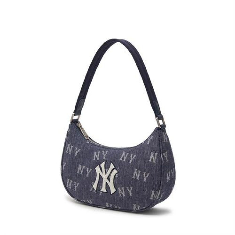 MLB Classic Monogram Denim Hobo Bags Black | Australia_MLB77851