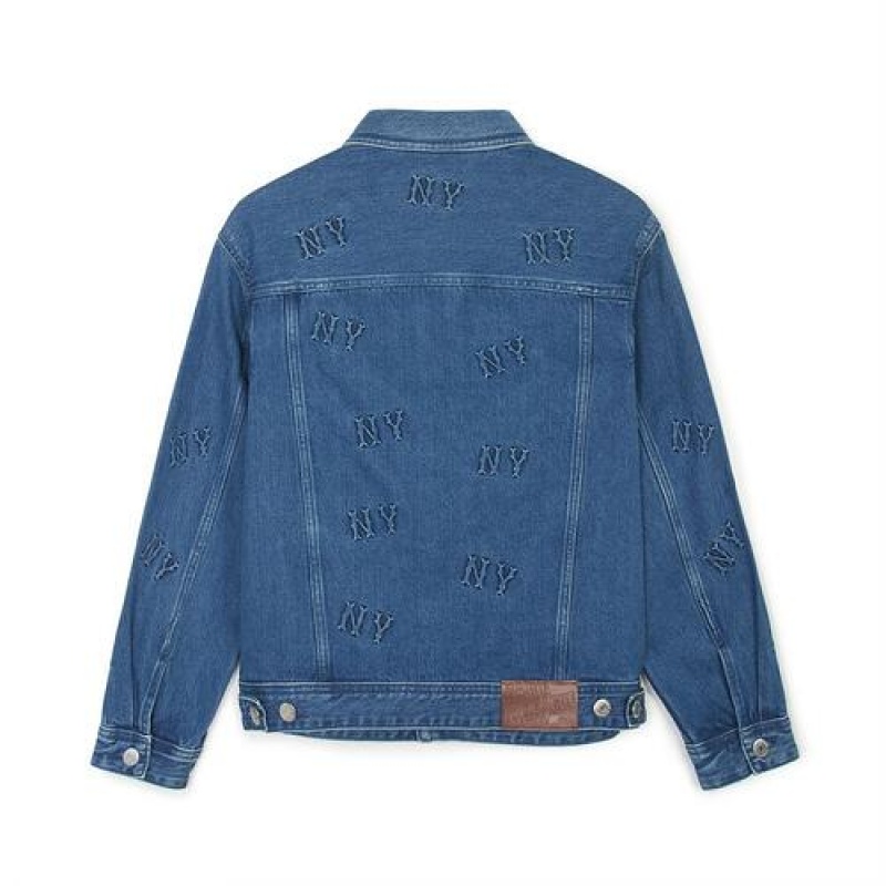 MLB Classic Monogram Volume Embroidery Trucker Jacket Denim Blue | Australia_MLB49152