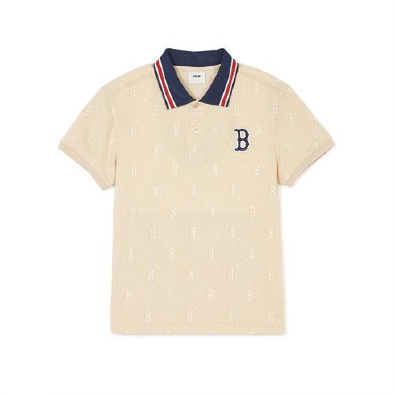 MLB Dia Monogram Jacquard Pique T Shirt Tops Beige | Australia_MLB58855