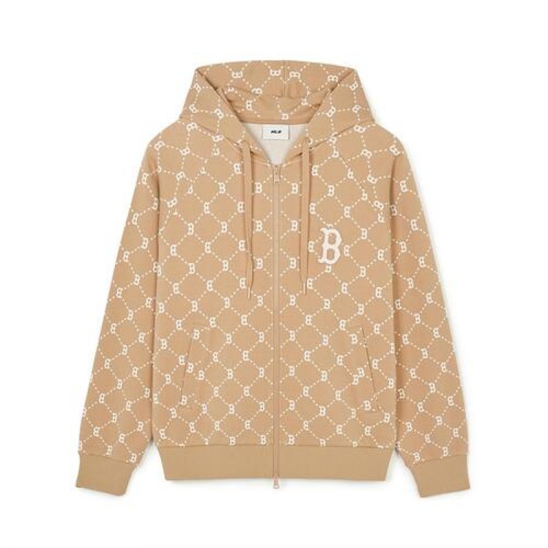 MLB Dia Monogram Jaquard Hood Zip Up Hoodie Beige | Australia_MLB30972