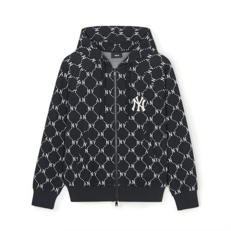 MLB Dia Monogram Jaquard Hood Zip Up Hoodie Black | Australia_MLB38517