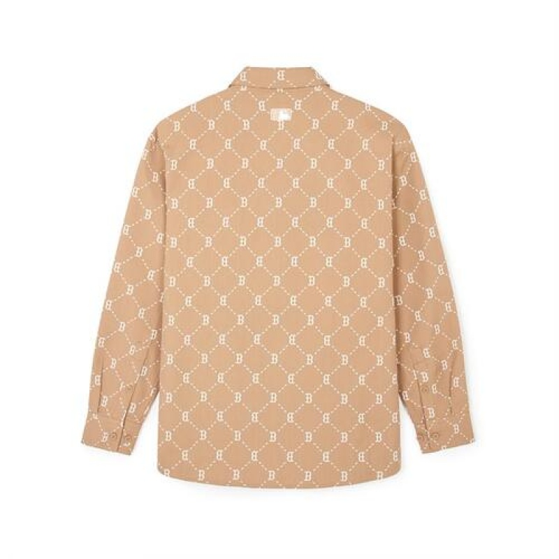 MLB Dia Monogram Jqd Long Sleeve Cotton Button Shirts Beige | Australia_MLB31002