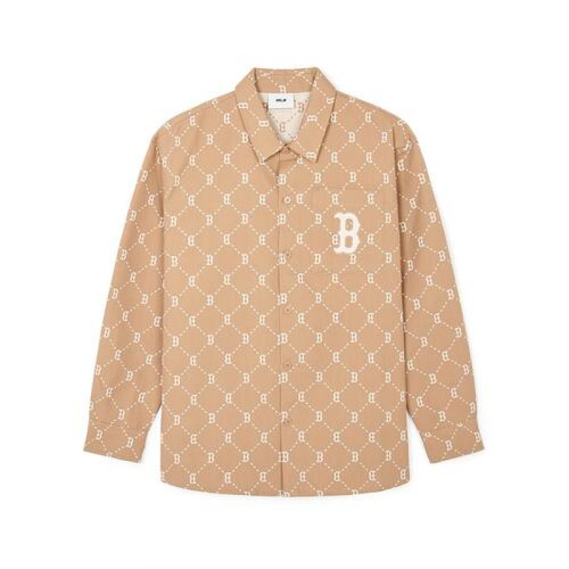 MLB Dia Monogram Jqd Long Sleeve Cotton Button Shirts Beige | Australia_MLB31002