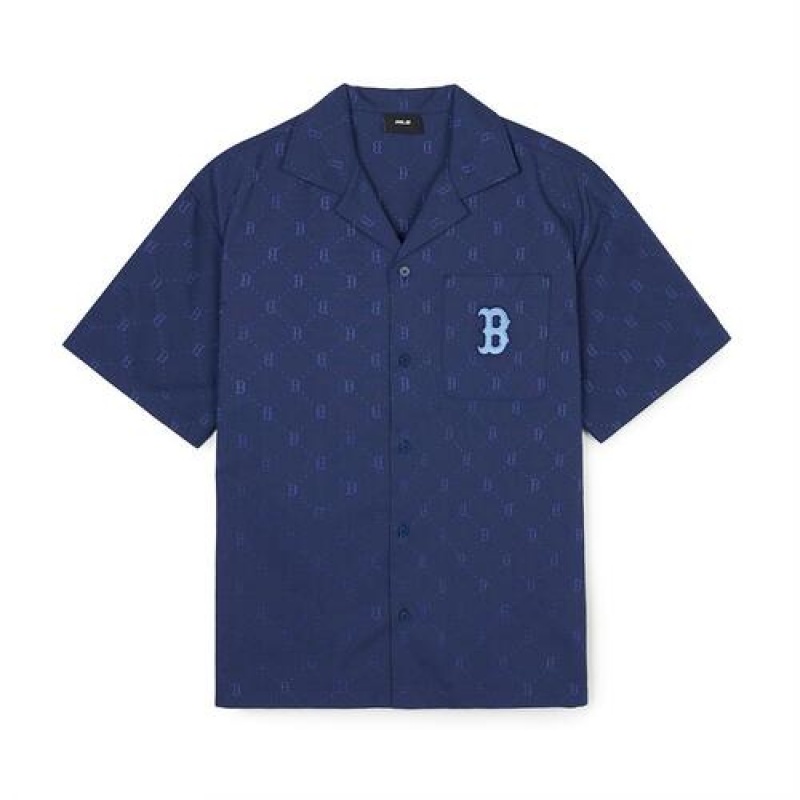 MLB Dia Monogram Jqd Open Collar Short Sleeve T Shirts Blue | Australia_MLB88786