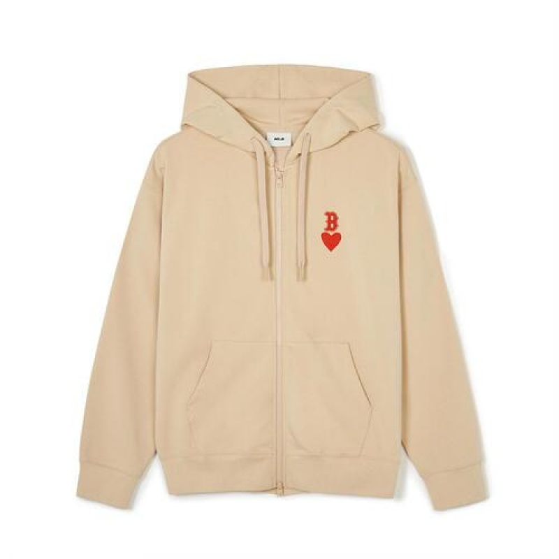 MLB Heart Overfit Hood Zip Up Hoodie Beige | Australia_MLB84555