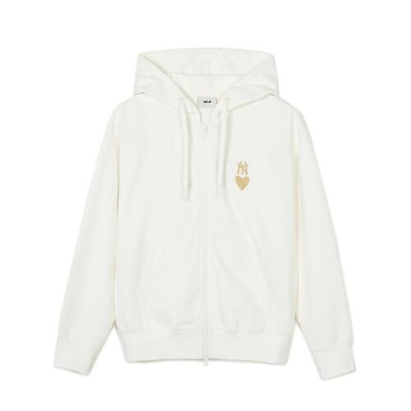 MLB Heart Overfit Hood Zip Up Hoodie White | Australia_MLB87832