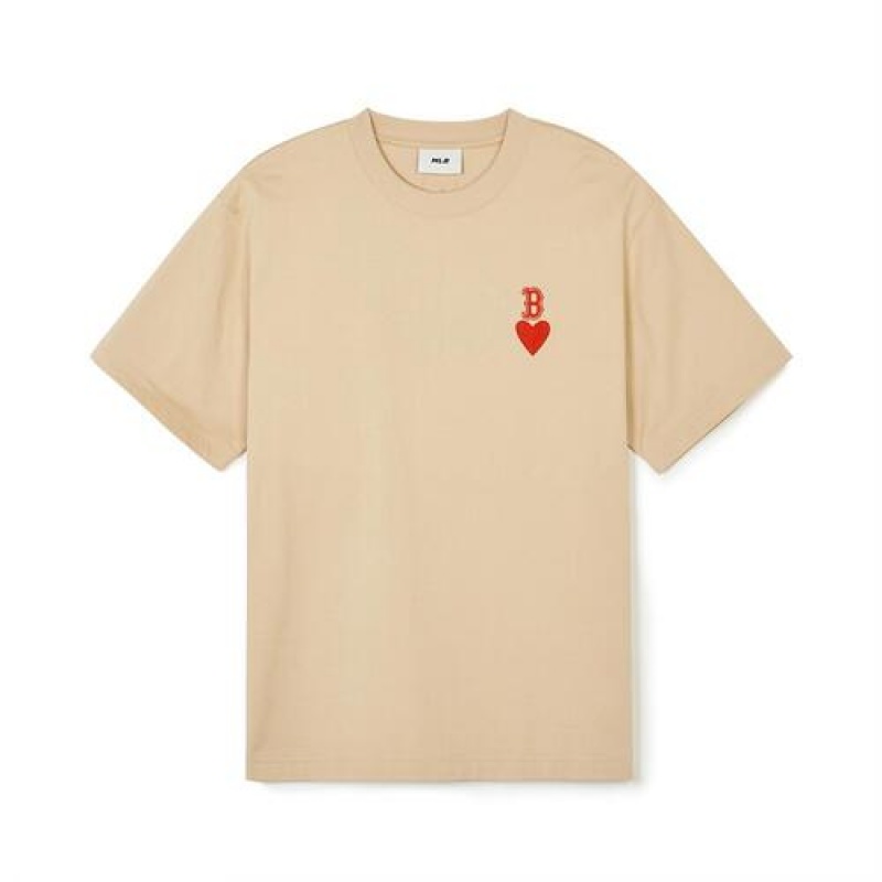 MLB Heart Small Logo Overfit T Shirts Beige | Australia_MLB92861