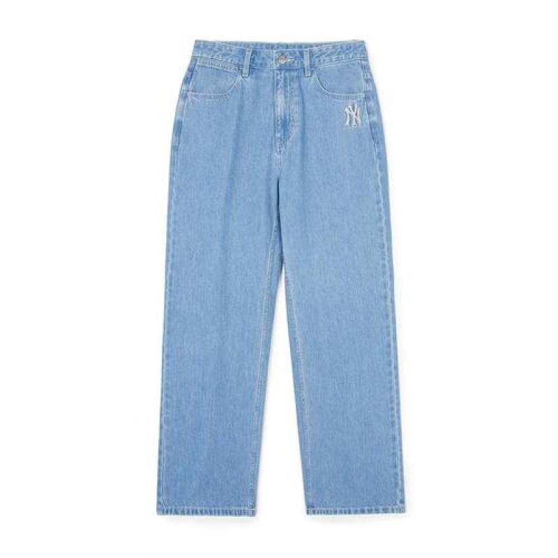 MLB Men`s Basic Medium Logo Wide Denim Pants Bottoms Blue | Australia_MLB77848