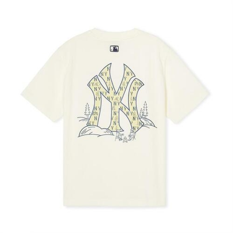 MLB Monogram Camping Big Logo T Shirt Tops Beige | Australia_MLB60222