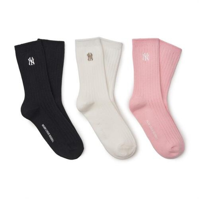 MLB Ribbed 3ea Socks Accessories Black | Australia_MLB28017