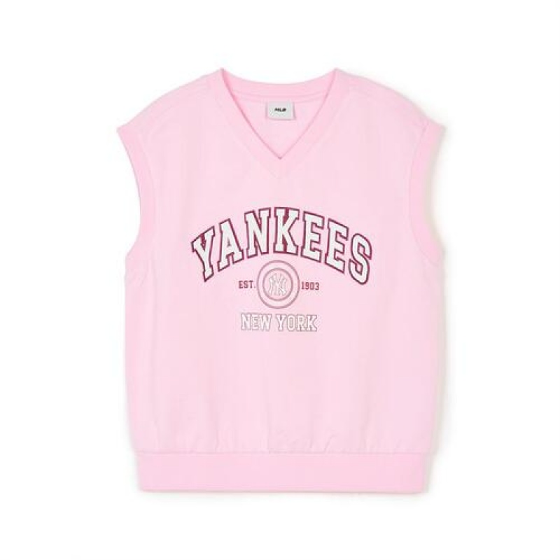 MLB Varsity 3pcs Vest&long Sleeve Set Up Tops Pink | Australia_MLB47896