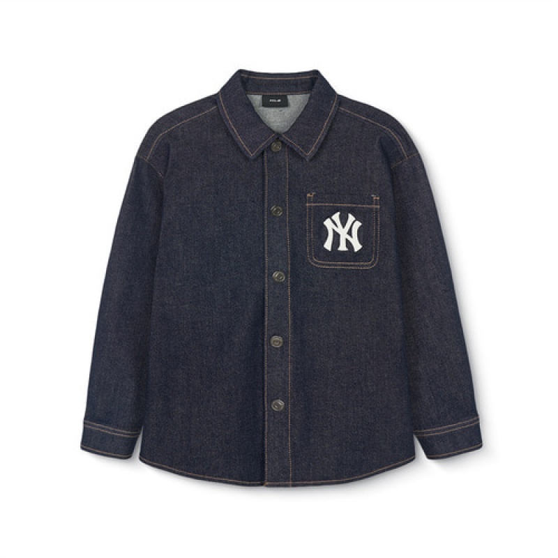 MLB Varsity Denim Shirt Tops Black | Australia_MLB70359