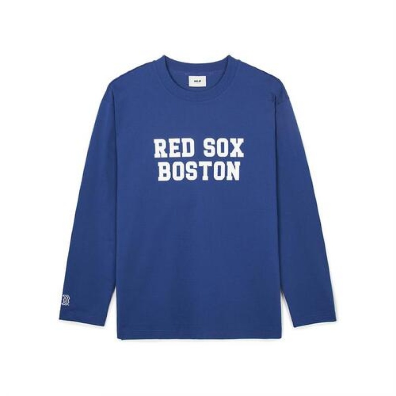 MLB Varsity Loose Fit Long Sleeve T Shirts Blue | Australia_MLB14239