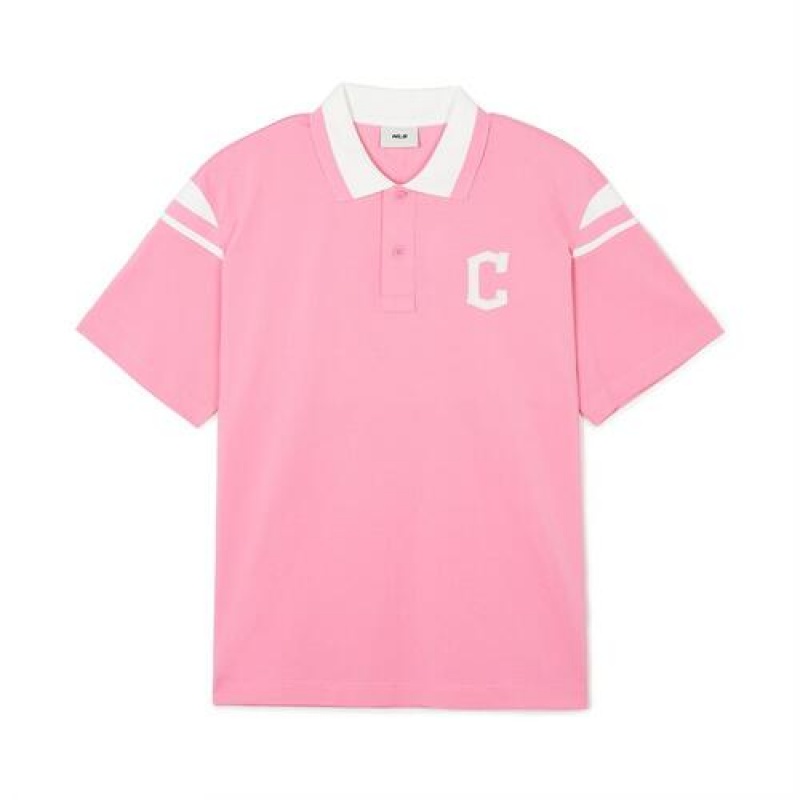 MLB Varsity Shoulder Point Over Fit Polo T Shirts Pink | Australia_MLB21373