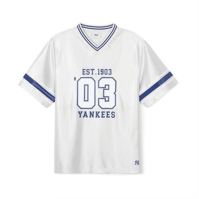 MLB Varsity Soccer Jersey V Neck Over Fit T Shirts White | Australia_MLB86372