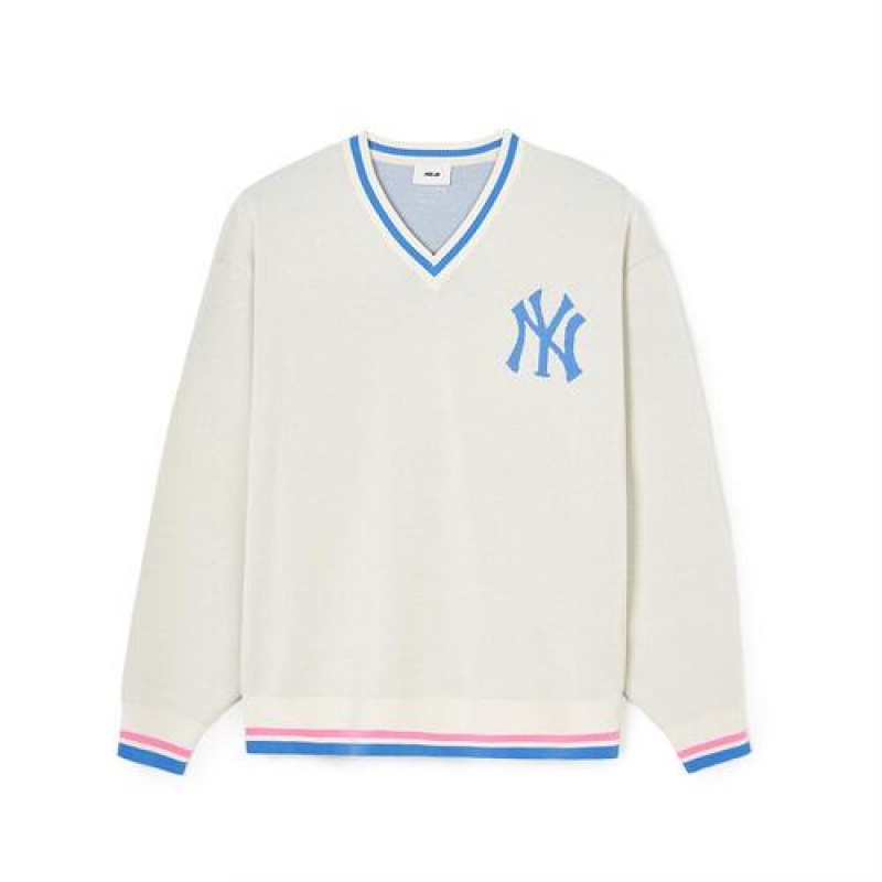 MLB Varsity V Neck Pullover Sweaters White | Australia_MLB49314