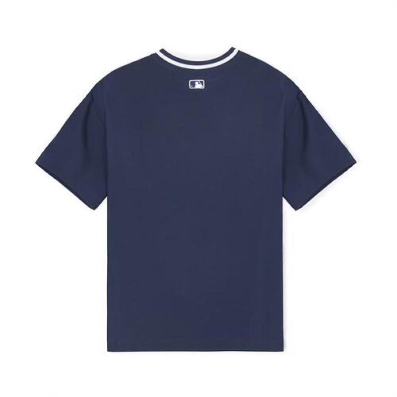 MLB Varsity Woven V-neck T-shirt Tops Navy | Australia_MLB48453