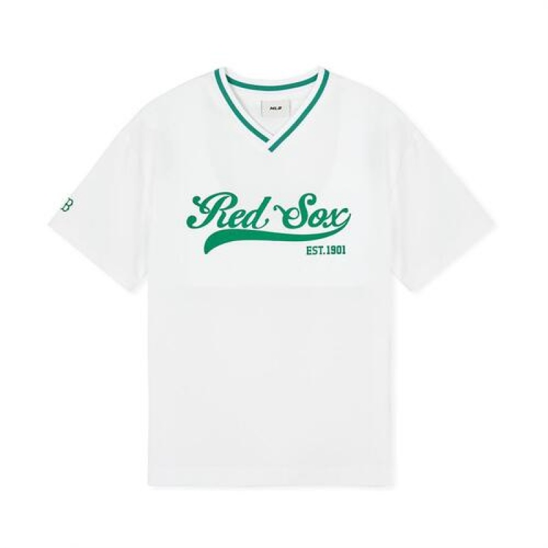 MLB Varsity Woven V-neck T-shirt Tops White | Australia_MLB30874