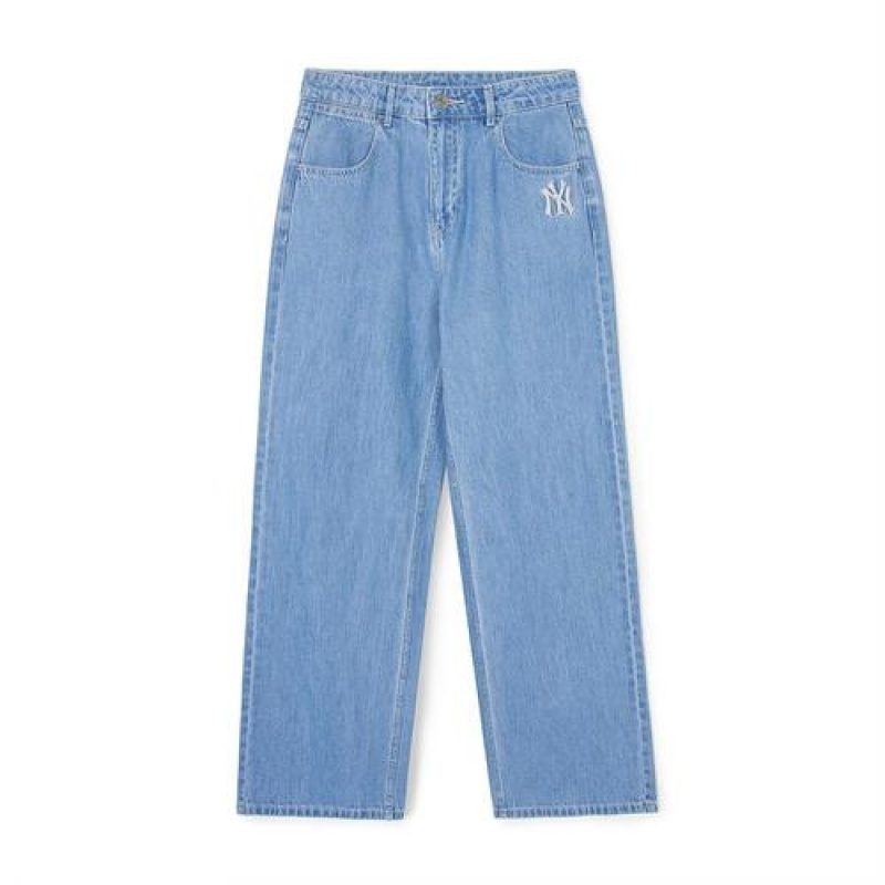 MLB Women`s Basic Medium Logo Wide Denim Pants Bottoms Blue | Australia_MLB78461