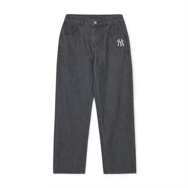 MLB Women`s Basic Medium Logo Wide Denim Pants Bottoms Dark Grey | Australia_MLB21197