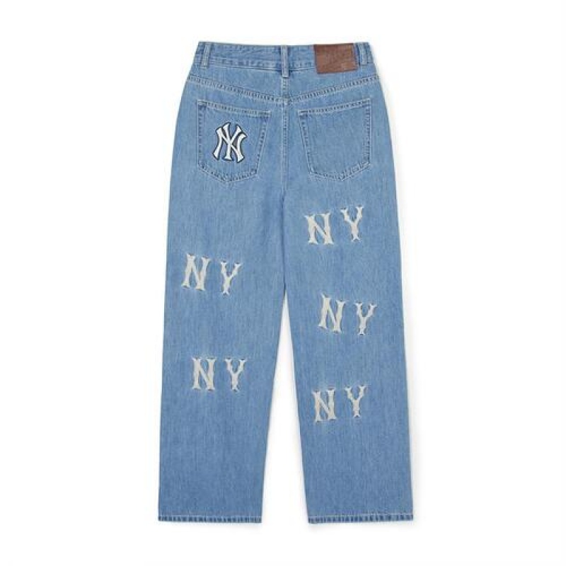 MLB Women`s Basic Multi Mega Logo Embroidery Wide Pants Denim Blue | Australia_MLB92459