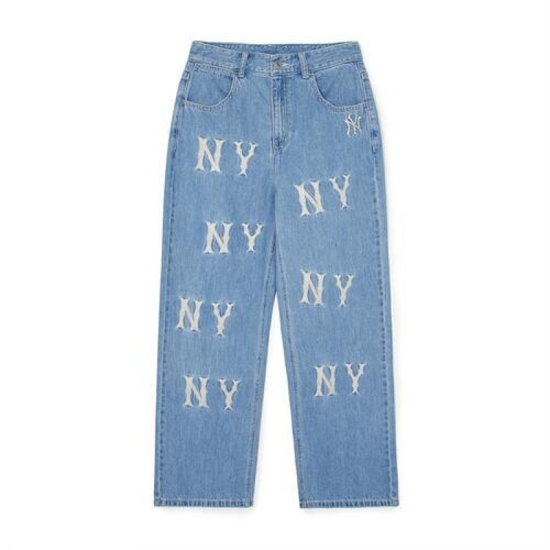 MLB Women`s Basic Multi Mega Logo Embroidery Wide Pants Denim Blue | Australia_MLB92459