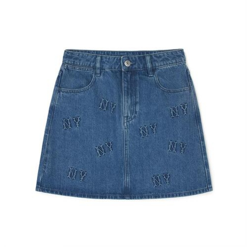 MLB Women`s Classic Monogram Volume Embroidery Skirt Denim Blue | Australia_MLB37779